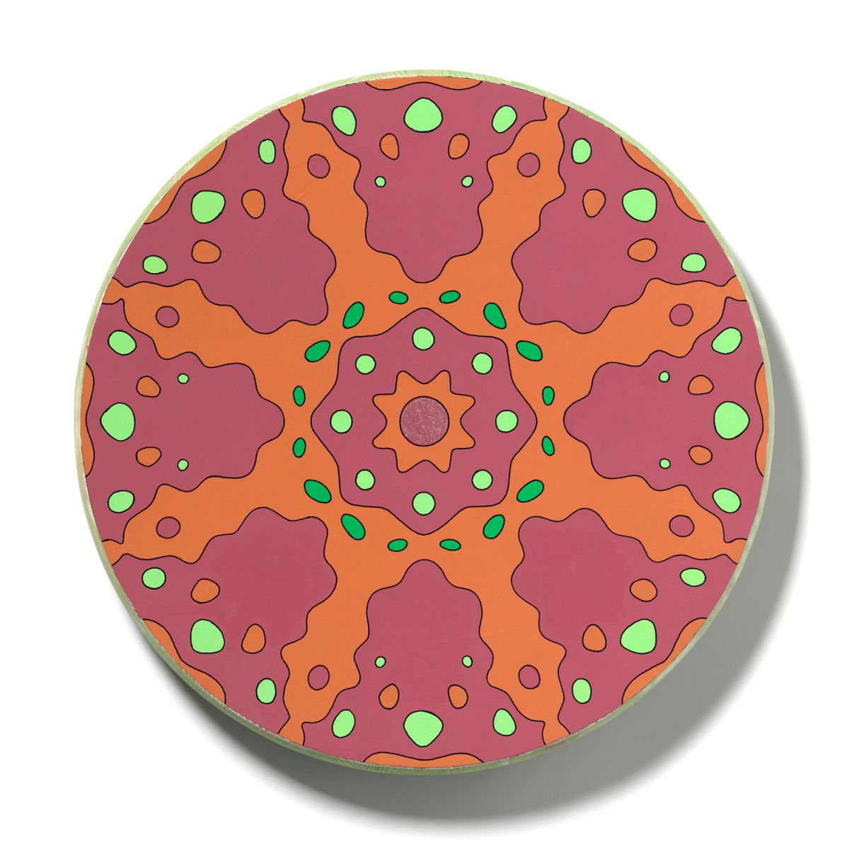 <br/>Trumbull Bedrock, 2023<br/>18" diameter<br/>acrylic, opaque marker and glitter on wood